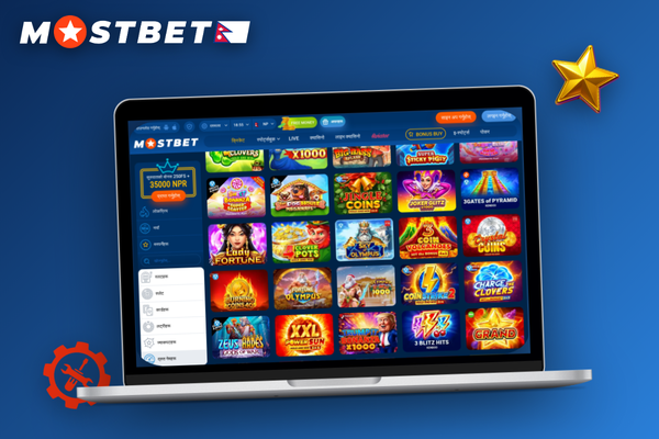 Nepali player enjoying Mostbet online casino on a laptop with Kathmandu skyline