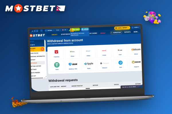 Mostbet withdrawal method comparison — e-wallet NPR balance versus crypto wallet on laptop